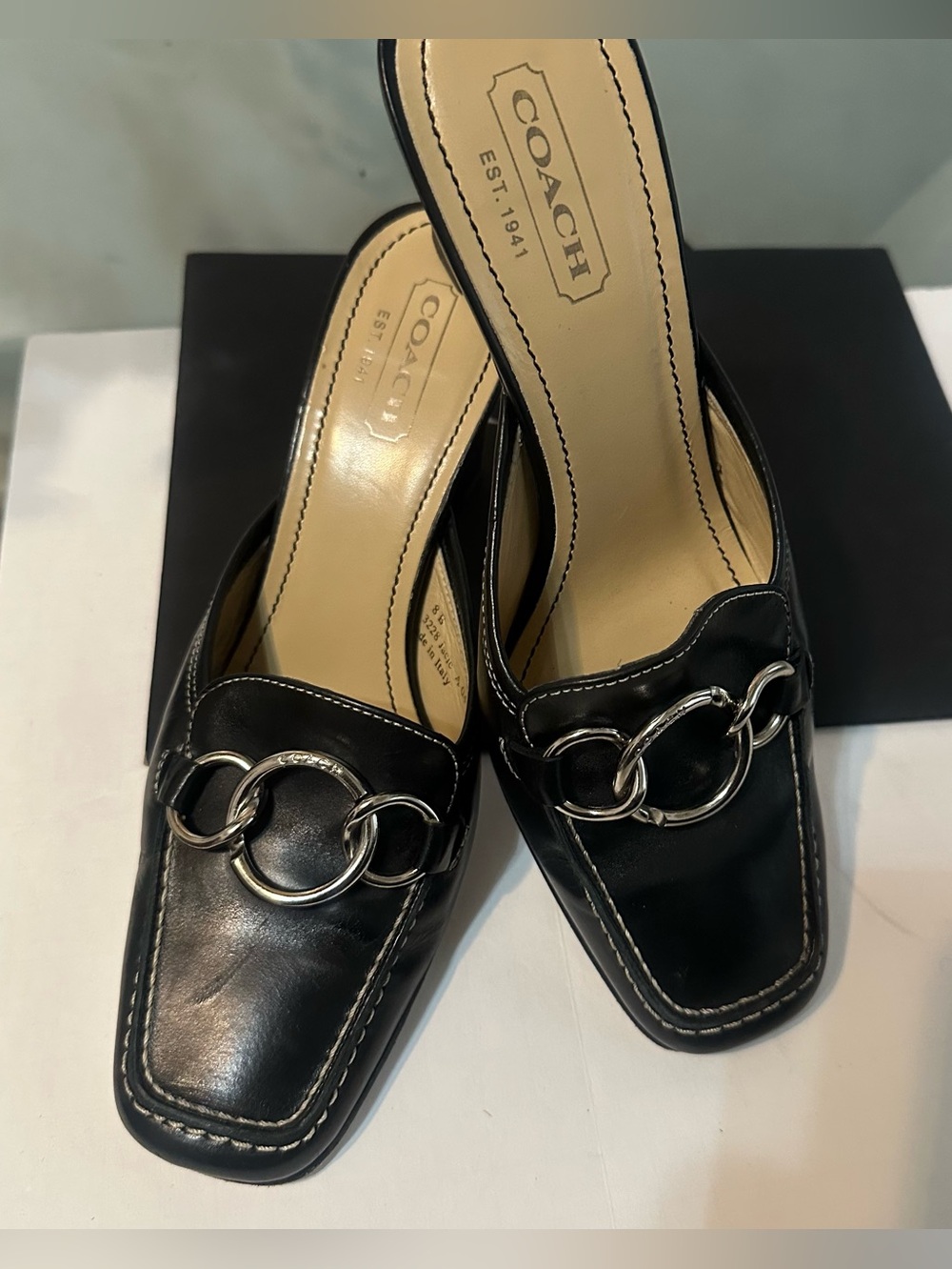COACH JACIE Black Leather Mule with Silver Chain Rings